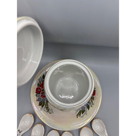 Vtg Honey Jar w‎ 6 Spoons Lustreware Iridescent Floral Ceramic - Picture 6 of 10